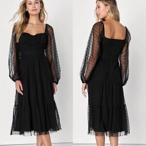 Lulus Affectionate Aura Black Swiss Dot Tiered Bustier Midi Dress